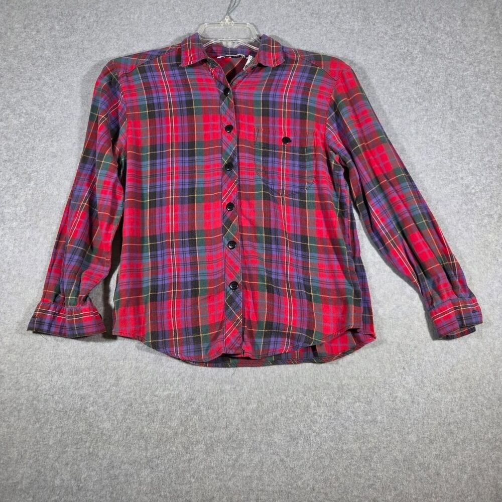 Cabin Creek Petite Womens M Flannel Shirt Red Purple Plaid Cotton Button Up Vtg